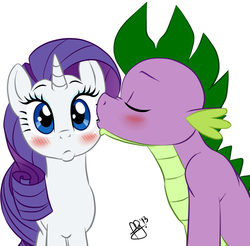 Size: 1081x1065 | Tagged: safe, artist:pia-sama, rarity, spike, dragon, pony, unicorn, g4, blushing, cheek kiss, duo, eyes closed, female, kissing, male, older, older spike, ship:sparity, shipping, simple background, straight, white background