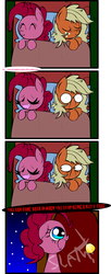 Size: 1180x2900 | Tagged: safe, artist:mushroomcookiebear, applejack, pinkie pie, earth pony, pony, g4, :<, :d, :t, aside glance, bed, c:, chibi, comic, confused, cute, diapinkes, door, drool, eyes closed, faic, fangs, female, floppy ears, frown, happy, implied applepie, implied lesbian, implied shipping, jackabetes, mare, messy mane, night, on back, on side, open mouth, sad, sadorable, sleep talking, sleeping, smiling, wat, wide eyes