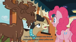 Size: 636x352 | Tagged: safe, screencap, mulia mild, pinkie pie, g4, mmmystery on the friendship express, youtube caption