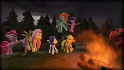 Size: 4800x2700 | Tagged: safe, artist:chanceh96, applejack, fluttershy, pinkie pie, rainbow dash, rarity, spike, twilight sparkle, alicorn, pony, g4, 3d, campfire, female, gmod, mane seven, mane six, mare, night, twilight sparkle (alicorn)