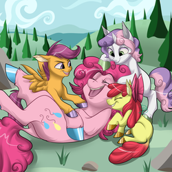 Size: 4000x4000 | Tagged: safe, artist:tikanii, apple bloom, pinkie pie, scootaloo, sweetie belle, g4, cutie mark crusaders, hooves, on back, snuggling, tickling