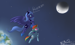 Size: 1225x743 | Tagged: safe, artist:tenchi-outsuno, princess luna, rainbow dash, g4, crying, fanfic art, flying, moon, planet, smiling, space, spread wings