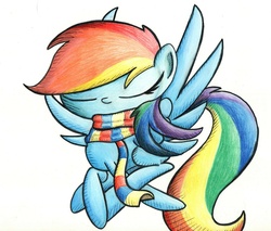 Size: 1128x960 | Tagged: safe, artist:getchanoodlewet, rainbow dash, g4, clothes, eyes closed, female, flying, scarf, simple background, solo