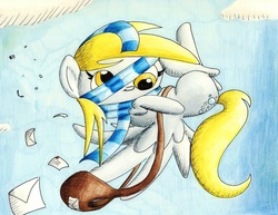 Size: 1280x990 | Tagged: safe, artist:getchanoodlewet, derpy hooves, pegasus, pony, g4, bag, clothes, female, flying, letter, mare, scarf, solo