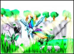 Size: 2372x1723 | Tagged: safe, artist:phinbella781, rainbow dash, g4, complex background, day, flower, flying, full body, solo, spread wings, sunlight, waterfall, wings