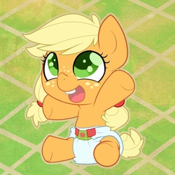 Size: 898x898 | Tagged: safe, artist:cuddlehooves, applejack, g4, baby, babyjack, cuddlehooves is trying to murder us, cute, cutie mark diapers, diaper, female, foal, jackabetes, pigtails, poofy diaper, sitting, solo, weapons-grade cute