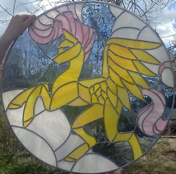 Size: 1387x1377 | Tagged: safe, artist:miss-vicki-vicki, fluttershy, human, pony, g4, craft, hand, irl, photo, photo window, solo, stained glass, stained glass (irl)