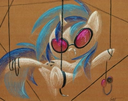 Size: 1207x956 | Tagged: safe, artist:getchanoodlewet, dj pon-3, vinyl scratch, g4, female, solo, suspended, traditional art