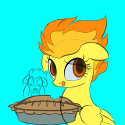 Size: 894x894 | Tagged: safe, artist:deathpwny, soarin', spitfire, pegasus, pony, g4, :p, blue background, cute, cutefire, cyan background, eating, female, floppy ears, folded wings, food, hoof hold, licking, licking lips, male, mare, open mouth, pie, shocked, simple background, stallion, that pony sure does love pies, tongue out, wings, wip