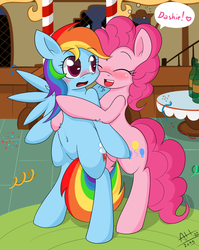 Size: 795x1000 | Tagged: dead source, safe, artist:average-hanzo, pinkie pie, rainbow dash, earth pony, pegasus, pony, g4, belly button, bipedal, blushing, bubble, chest fluff, drunk, duo, duo female, eyes closed, female, happy, heart, hug, hug from behind, indoors, lesbian, mare, open mouth, ship:pinkiedash, shipping, speech bubble, surprised