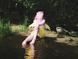 Size: 720x540 | Tagged: safe, artist:mintyblitzz, fluttershy, human, g4, barefoot, cosplay, feet, female, irl, irl human, photo, solo, water