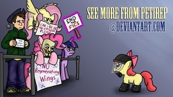 Size: 2133x1200 | Tagged: safe, artist:fimflamfilosophy, apple bloom, fluttershy, pinkie pie, twilight sparkle, human, g4, guy fawkes mask, protest