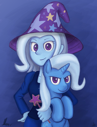 Size: 2017x2658 | Tagged: dead source, safe, artist:eddiedodoman, trixie, human, pony, equestria girls, g4, duality, duo, human ponidox, pixiv, self ponidox, wand