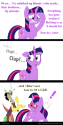 Size: 871x1708 | Tagged: safe, artist:mickeymonster, discord, twilight sparkle, g4, magical mystery cure, angry, blushing, clapping, comic