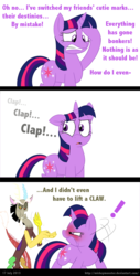 Size: 871x1708 | Tagged: safe, artist:mickeymonster, discord, twilight sparkle, g4, magical mystery cure, my little pony: friendship is magic, angry, blushing, clapping, comic