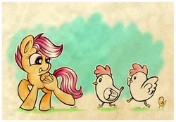 Size: 700x488 | Tagged: safe, artist:uglyapple, scootaloo, chicken, pegasus, pony, g4, cute, cutealoo, female, filly, foal, grass, happy, scootachicken, smiling, spread wings, wings