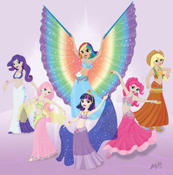 Size: 1024x1038 | Tagged: safe, artist:zellykat, applejack, fluttershy, pinkie pie, rainbow dash, rarity, twilight sparkle, human, g4, armpits, bedroom eyes, belly button, belly dancer, belly dancer outfit, bracelet, castanets, choker, clothes, eyeshadow, grin, humanized, jewelry, lipstick, long skirt, looking at you, makeup, mane six, midriff, nail polish, necklace, shawl, skirt, smiling, wings