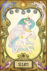 Size: 1197x1791 | Tagged: safe, artist:robd2003, princess celestia, g4, calm, frame, full body, rearing, side view, spread wings, sun, tarot card, wings