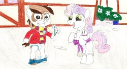 Size: 900x494 | Tagged: safe, artist:wjmmovieman, pipsqueak, sweetie belle, pony, unicorn, g4, bipedal, blushing, briefs, clothes, dropped pants, female, filly, flower, humiliation, male, pantsing, public humiliation, ship:sweetiesqueak, shipping, straight, tighty whities, traditional art, underwear, undressing, wardrobe malfunction
