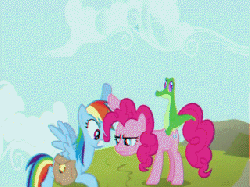 Size: 320x240 | Tagged: safe, screencap, applejack, pinkie pie, rainbow dash, g4, party of one, season 1, angry, animated, chase, female, flying, frown, glare, gritted teeth, hiding, raised hoof, running, spread wings, talking, wide eyes, yelling
