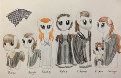 Size: 1024x658 | Tagged: safe, artist:qemma, a song of ice and fire, arya stark, bran stark, catelyn stark, eddard stark, family photo, game of thrones, ned stark, ponified, rickon stark, robb stark, sansa stark