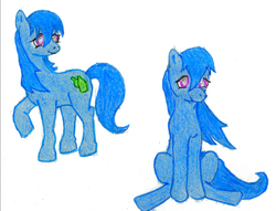 Size: 523x400 | Tagged: safe, artist:**lightningdancer**, bottlecap (g4), g4, background pony, blue, crayon drawing, recycling