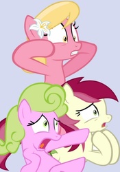 Size: 544x775 | Tagged: safe, daisy, flower wishes, lily, lily valley, roseluck, earth pony, pony, g4, female, flower trio, pointing, scared, show accurate, shrunken pupils, simple background, the horror, trio, trio female, worried