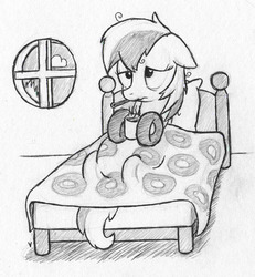 Size: 925x1000 | Tagged: safe, artist:php87, oc, oc only, oc:wheely bopper, original species, wheelpone, backwards thermometer, bed, food, grayscale, monochrome, sick, sketch, solo, soup, thermometer, traditional art