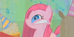 Size: 670x340 | Tagged: safe, screencap, madame leflour, pinkie pie, sir lintsalot, earth pony, pony, g4, party of one, abstract background, dust bunny, faic, faicamena, female, insanity, mare, mouth on side of face, pinkamena diane pie, solo, spasm, twitch, wat