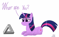 Size: 1579x1000 | Tagged: dead source, safe, artist:php92, twilight sparkle, pony, unicorn, g4, female, impossible object, paradox, penrose triangle, solo, unicorn twilight