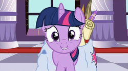 Size: 1915x1072 | Tagged: safe, screencap, twilight sparkle, g4, the crystal empire, female, saddle bag, scroll, solo