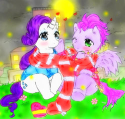 Size: 917x872 | Tagged: safe, artist:kimikun23, rarity, oc, oc:kydose, g4, blushing, canon x oc, city, clothes, grass, lights, love, raridose, scarf, shared clothing, shared scarf, shipping