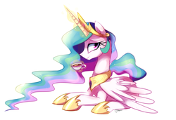 Size: 2791x1910 | Tagged: safe, artist:pepooni, princess celestia, alicorn, pony, g4, cup, female, magic, prone, simple background, smiling, solo, tea, teacup, telekinesis, white background