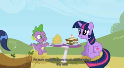 Size: 636x349 | Tagged: safe, screencap, spike, twilight sparkle, dragon, pony, unicorn, g4, season 1, the ticket master, daffodil and daisy sandwich, duo, duo male and female, female, food, hay fries, male, mushroom table, ponyville, sandwich, unicorn twilight, wingless spike, youtube caption