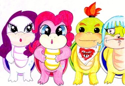 Size: 2631x1823 | Tagged: safe, artist:wynterspangled, pinkie pie, rarity, oc, g4, bloodshot eyes, bowser jr, crossover, koopafied, koopalings, me gusta, nintendo, non-mlp oc, rage face, species swap, super mario bros., traditional art