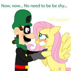 Size: 900x900 | Tagged: safe, artist:yoshachu, fluttershy, g4, blushing, crack shipping, crossover, crossover shipping, crying, dialogue, downvote bait, luigi, luigishy, male, mr. l, nintendo, paper mario, scared, shipping, super mario bros., super paper mario, wat, whimpering