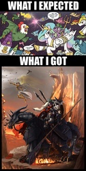 Size: 976x1931 | Tagged: safe, artist:katie cook, artist:quizzicalkisses, edit, idw, princess celestia, spike, alicorn, cockatrice, dragon, pony, g4, spoiler:comic, spoiler:comic04, badass, beefspike, comic, dragons riding ponies, eyepatch, female, humanized, male, mare, meme, riding