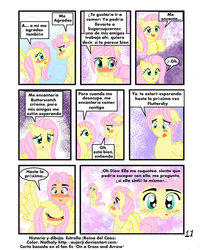 Size: 801x998 | Tagged: safe, artist:reina-del-caos, fluttershy, fanfic:on a cross and arrow, g4, butterscotch, female, male, rule 63, spanish, straight