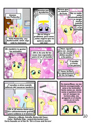 Size: 900x1222 | Tagged: safe, artist:reina-del-caos, fluttershy, fanfic:on a cross and arrow, g4, blushing, butterscotch, comic, rule 63, spanish, translated in the comments