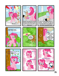 Size: 1024x1316 | Tagged: safe, artist:reina-del-caos, pinkie pie, oc, g4, bubble berry, cake, comic, laughing, rule 63, sitting, spanish, tree