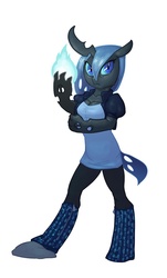 Size: 603x1000 | Tagged: safe, artist:carnifex, oc, oc only, oc:myxine, changeling, changeling queen, anthro, anthro oc, blue changeling, breasts, changeling oc, changeling queen oc, female, simple background, solo