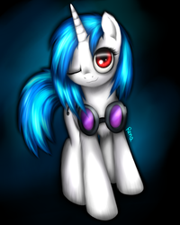 Size: 800x1000 | Tagged: safe, artist:puggie, dj pon-3, vinyl scratch, g4, :3, female, solo, wink