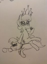 Size: 1000x1339 | Tagged: safe, artist:poorlydrawnpony, diamond tiara, silver spoon, earth pony, pony, g4, apple, female, filly, food, monochrome, sitting, sitting on person, sitting on pony, tongue out