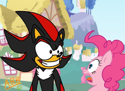 Size: 1024x744 | Tagged: safe, artist:aho4464, pinkie pie, g4, crossover, grin, male, scared, screaming, shadow the hedgehog, sonic the hedgehog (series)