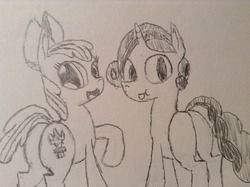 Size: 1280x956 | Tagged: safe, artist:poorlydrawnpony, apple bloom, sweetie belle, earth pony, pony, unicorn, g4, butt, female, filly, looking at you, plot, tongue out, traditional art