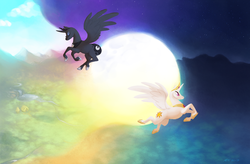 Size: 1500x981 | Tagged: safe, artist:sheppymomma, princess celestia, princess luna, g4, moon, sun