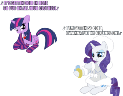 Size: 1117x870 | Tagged: safe, rarity, twilight sparkle, alicorn, pony, g4, clothes, coat, female, lyrics, mare, parka, parody, simple background, singing, socks, striped socks, transparent background, twilight sparkle (alicorn), vector