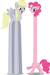 Size: 2586x3831 | Tagged: safe, derpy hooves, pinkie pie, pegasus, pony, g4, duo, female, happy, high res, impossibly long legs, impossibly long neck, long legs, long neck, mare, simple background, smiling, tall pone, transparent background, underp, vector, wat