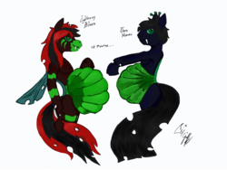 Size: 800x600 | Tagged: safe, artist:thefimp, oc, oc only, changeling, blue changeling, double colored changeling, green changeling, male pregnancy, overdue, pregnant, red changeling