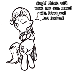 Size: 1467x1499 | Tagged: safe, artist:darkone10, trixie, pony, unicorn, g4, blackjack and hookers, cape, clothes, eyes closed, female, futurama, male, mare, monochrome, simple background, solo, third person, trixie's cape, white background